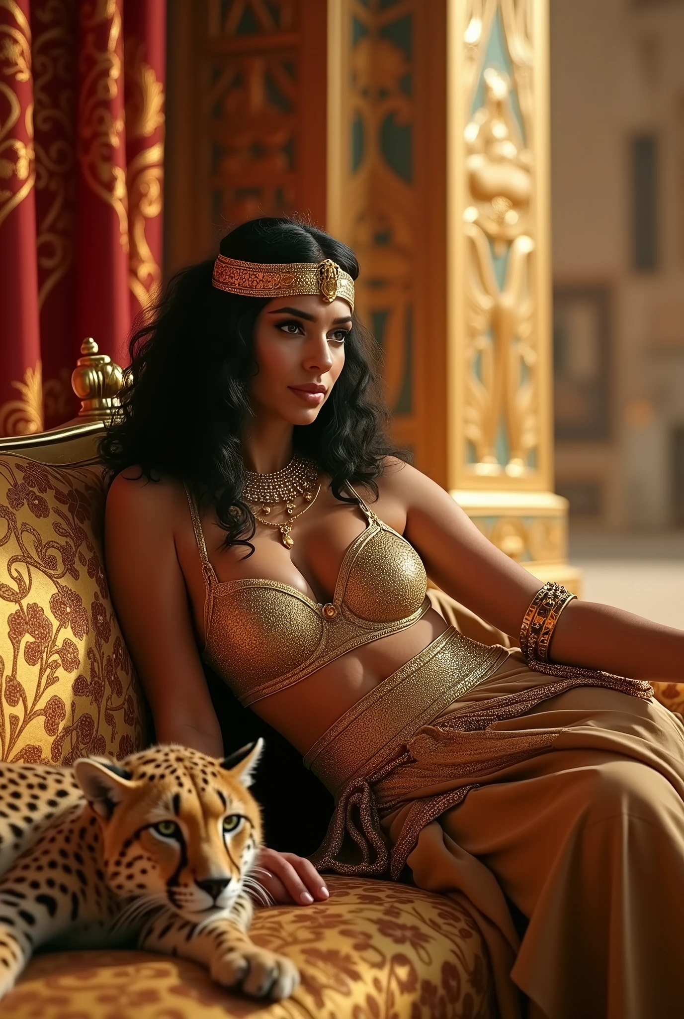 (SFW), (panorama), best qualityer, work of art, small detailed, high resolution, epic historical footage, old bud, details Intricate, 
 a shot of ancient Egypt,      overflowing with gold, precious gems, and magnificent curtains,      Beauthfull, Perfect detailed body, (girls perfect body anatomy :1.2), 
(1 girl:Cleopatra and 1 Cheetah) , standing alone, ( beautiful egyptian female pharaoh queen cleopatra (resting half lying down) on the golden sofa), Lying sideways,          ( with a cheetah lying next to the girl,  placed his palm on the cheetah :1.4),       Sphinx, beautiful  face, (busty, hanging large breasts), Waist slender,  [ beautiful hips, Detailed knees and feet ], Thin gold chains,   darkskin, dark hair, shorth hair,          beautiful belly open, Detailed uncovered straight legs, gold breastplayes, chest strap, coveredNipples,  tanga de se dourada, separate fur thong,      Egyptian makeup, half-closed eyes, Languid gaze,      full body view, resting pose, proud and majestic,         Cheetah detailed, detailed face, detailed pupilss, detailed iris of the eyes, detailed colored contact lenses, best 5 finger combo,