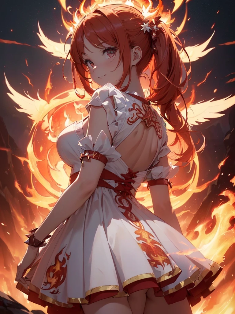 (((best quality, sharp image, clear image, cinematic lighting, 8k resolution, masterpiece, ultra detailed, intricate))) Girl, (((looking over right shoulder))), (shot from behind), ((half shot)), fiery red hair, pigtails, ((white dress)), ((flaming sigils, flaming runes)), spiky rock formations, (flaming lotus flowers frame), (intricate background), ((Phoenix)), (swirling flames), smiling