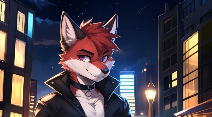 (Artist by zackary911, 8k, high quality, detailed eyes and fur, night, residents background), solo, male fox, anthro, red satured fur, red body, male body, purple eyes, black ears, red hair, short hair, hair cover eye, hands white, choker, eyeliner black, beige jacket, black shirt, alone, without group, without doubles, full length, completely complete everything. smiling, in the field