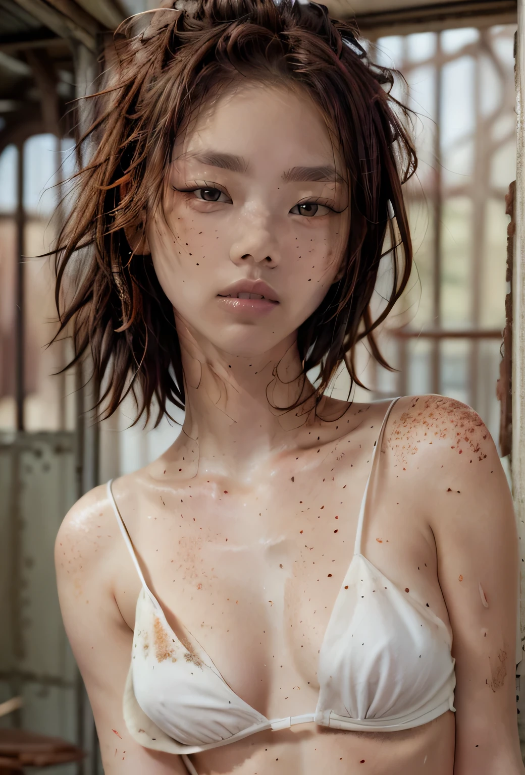 (masterpiece, best quality), 1girl, , wet hair, white panties, white bra, open shirt, ((unbuttoned shirt)), ((skimpy skirt)), sitting inside abandoned train, dark, best shadows, watercolor, ((topless)), ((small breasts)), ((skinny)), ((topless:1.2)), ((freckles:1.3))