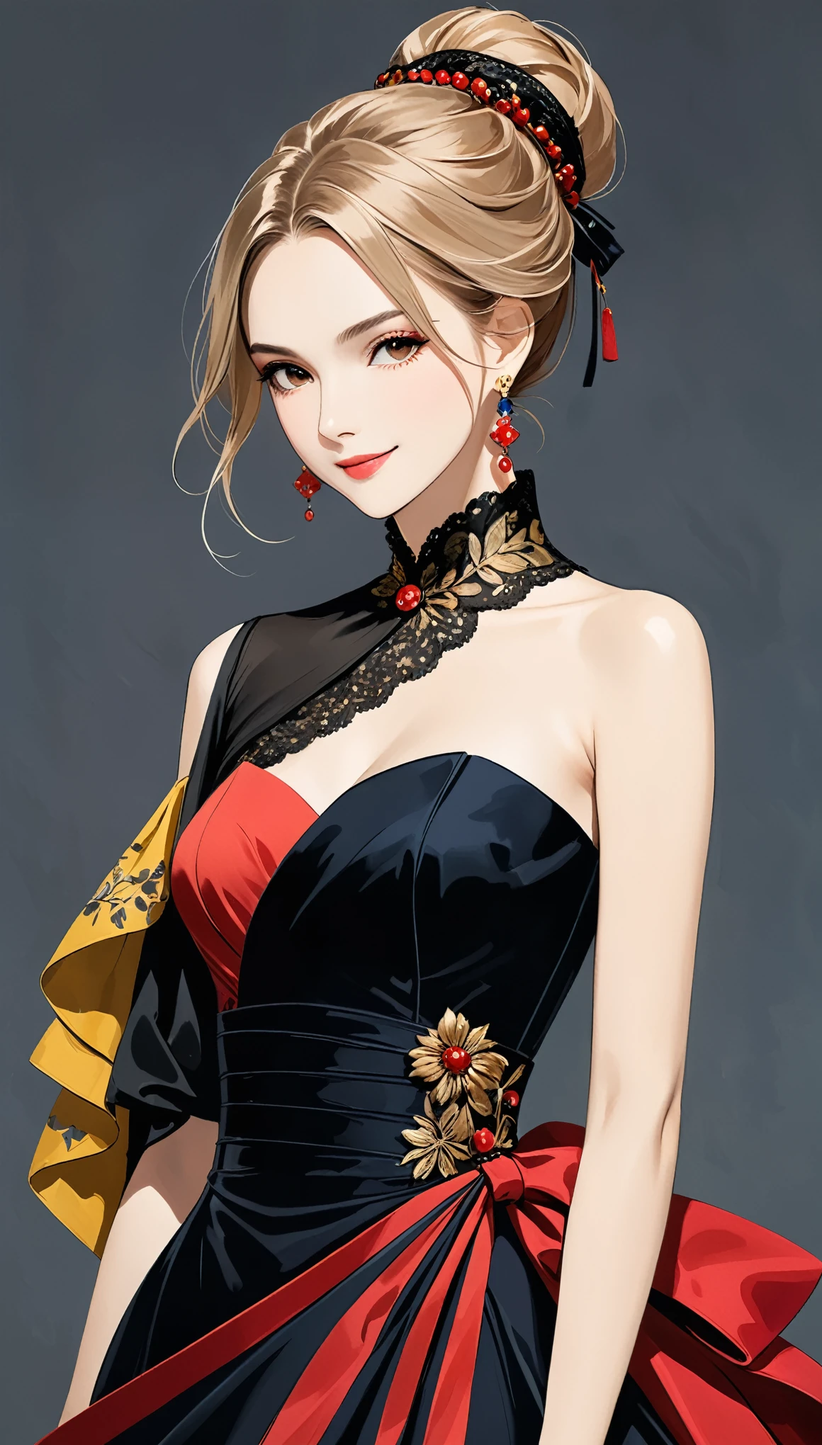in style of Santiago Caruso,in style of Hans Hartung,in style of Camille Corot-【Thick brushstrokes】-,in style of Carolina Herrera-【Gorgeous clothing designer】-
(1girl character conceptual design,half body),gravure_pose,smile,(single sleeve:1.3),printed trim,more lively color matching,[bobcut | single bun | incredibly long hair | long curly hair],[goth punk | fishnets | cross tie | transparent | body suit | high split cheongsam style dress]