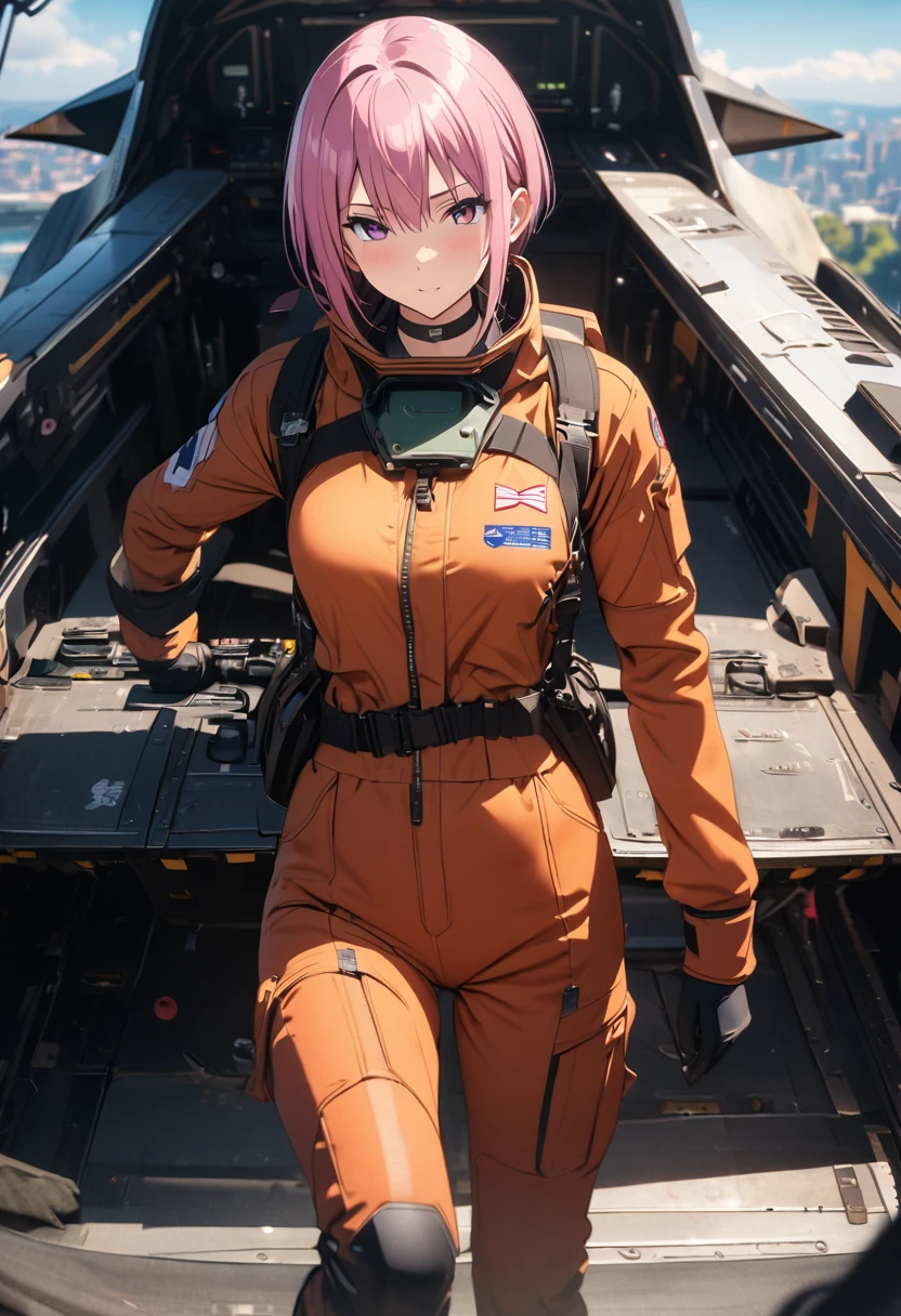 (Highest quality, 4K, 8k, High resolution, masterpiece:1.2), Very detailed, Picturesque, Anime style photo, Photo Anime:1.37)、Japanese、(Pink hair)、(pixie cut)、Aircraft carrier deck、Black choker、F-16 Cockpit、fighter pilot suit、Panoramic view、Nakano Ichika