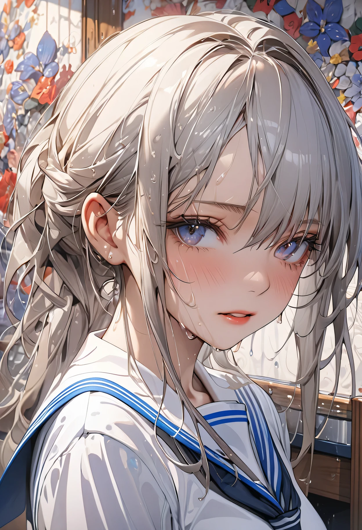 (Surreal), (8k), (Very detailed), (Best illustrations), (Beautiful attention to detail), (Highest quality), (Very detailed), (masterpiece), (wallpaper), (Detailed face), alone, 1 person, 1 hour drawing challenge, Wet sweat, (school uniform:1.3), Looking at the audience, Exquisite detail, Detailed faces, ,Pure Erotic Face Ace_ v1,