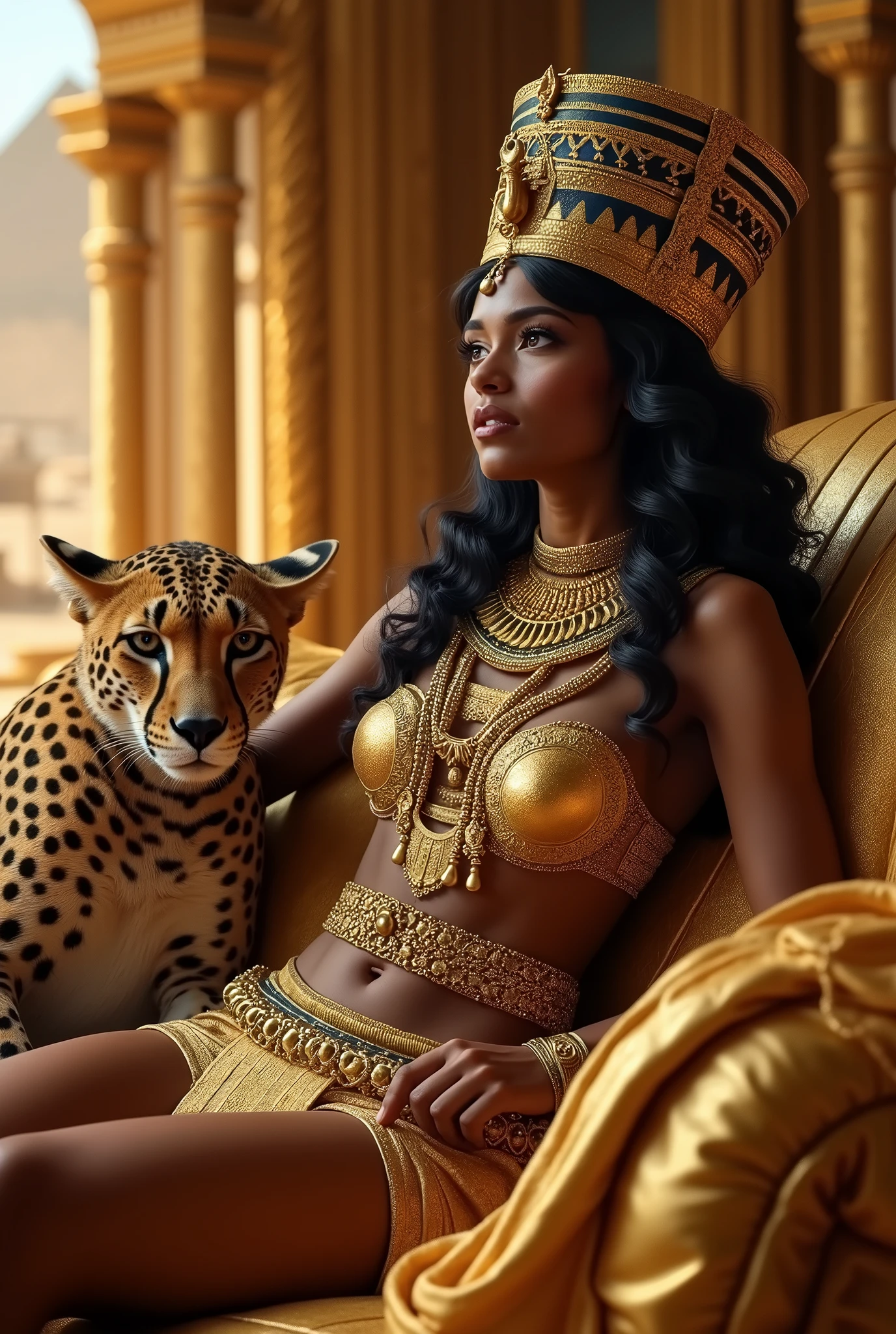 (SFW), (panorama), best qualityer, work of art, small detailed, high resolution, epic historical footage, old bud, details Intricate, 
 a shot of ancient Egypt,      overflowing with gold, precious gems, and magnificent curtains,      Beauthfull, Perfect detailed body, (girls perfect body anatomy :1.2), 
(1 girl:Cleopatra and 1 Cheetah) , standing alone, ( beautiful egyptian female pharaoh queen cleopatra (resting half lying down) on the golden sofa), Lying sideways,          ( with a cheetah lying beside the ,  placed his palm on the cheetah :1.4),       Sphinx, beautiful  face, (busty, hanging large breasts), Waist slender,  [ beautiful hips, Detailed knees and feet ], Thin gold chains,   darkskin, dark hair, shorth hair,          beautiful belly open, Detailed uncovered straight legs, gold breastplayes, chest strap, coveredNipples,  tanga de se dourada, separate fur thong,      Egyptian makeup, half-closed eyes, Languid gaze,      full body view, resting pose, proud and majestic,         Cheetah detailed, detailed face, detailed pupilss, detailed iris of the eyes, detailed colored contact lenses, best 5 finger combo,