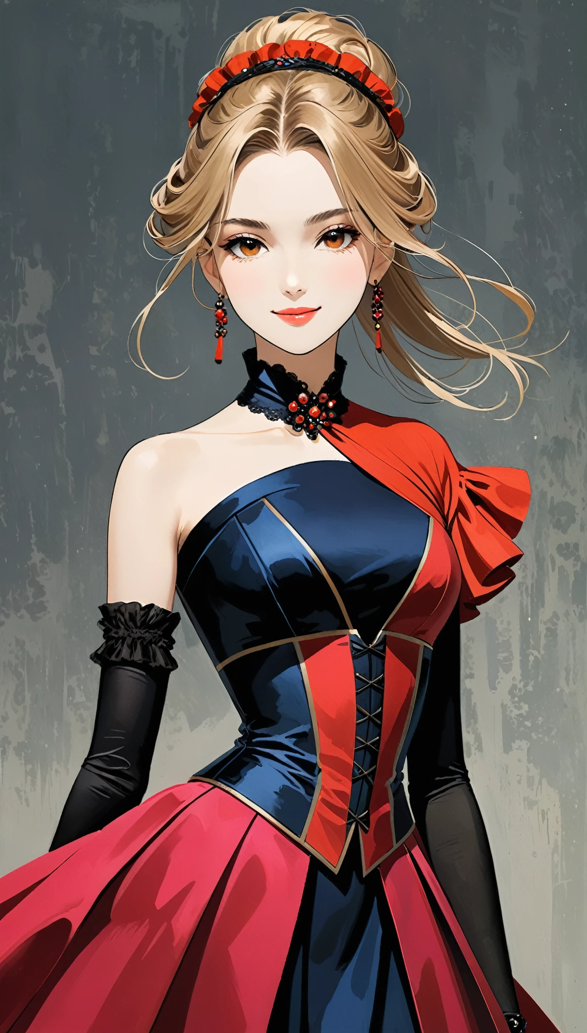 in style of Santiago Caruso,in style of Hans Hartung,in style of Camille Corot-【Thick brushstrokes】-,in style of Carolina Herrera-【Gorgeous clothing designer】-
(1girl character conceptual design,half body),gravure_pose,smile,(single sleeve:1.3),printed trim,more lively color matching,[bobcut | single bun | incredibly long hair | long curly hair],[goth punk | fishnets | cross tie | transparent | body suit | high split cheongsam style dress]