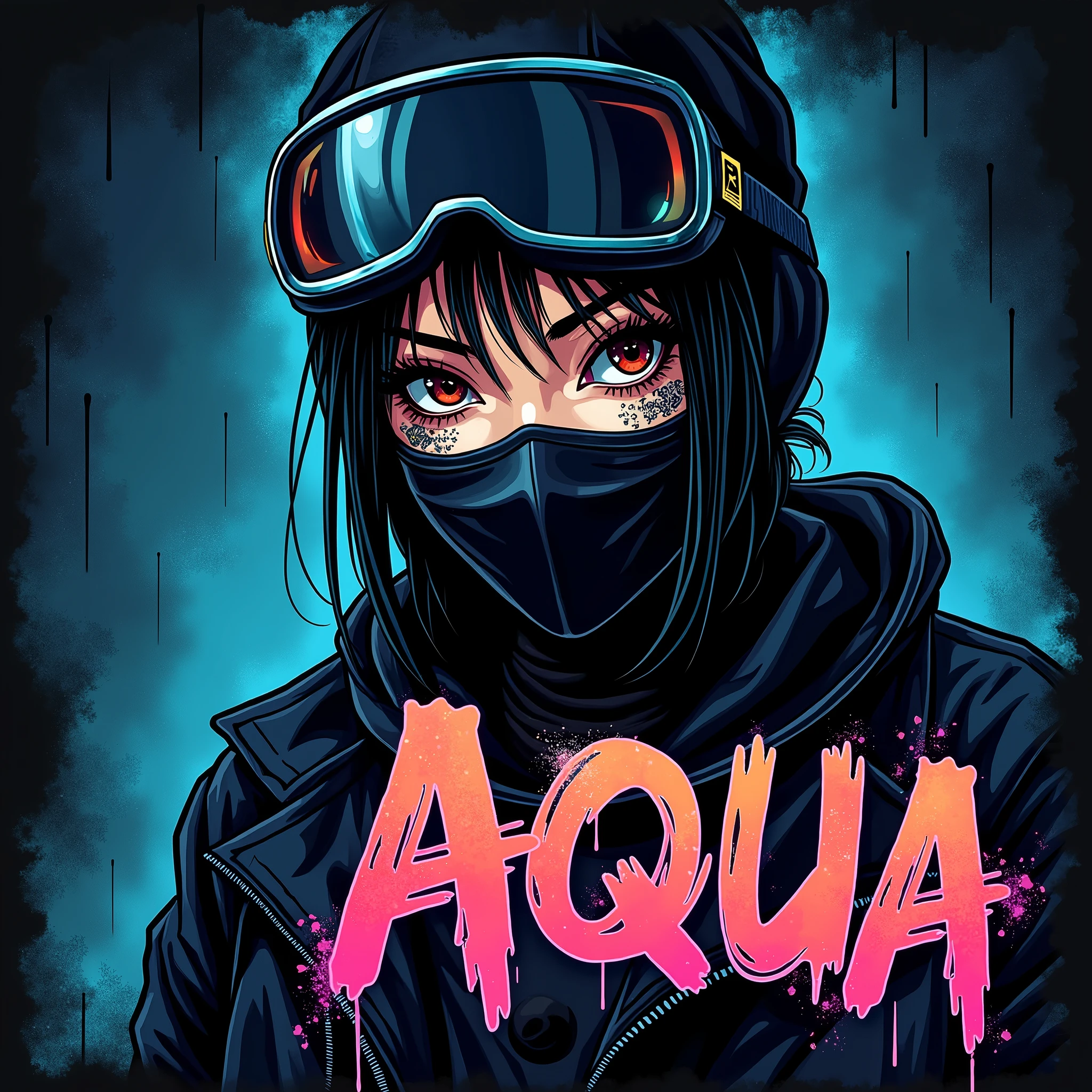 Asian Girl Rapper, face_tattoos, Album cover, "AQUA", Letters say AQUA, Album Cover, dark, Ski_Mask, comic style, gangster