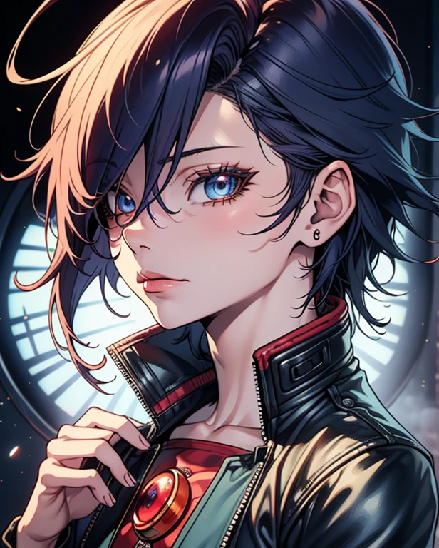 first work,Detailed,High resolutions:1.4) , Model photo, to close, Detailed face, Fine, detailed eyes,, (Kirishima Touka),medium blue hair,ojo ghoul,retro jacket,Tokyo Ghoul,retrofuturistic background, vibrant colors, HdR,, ,