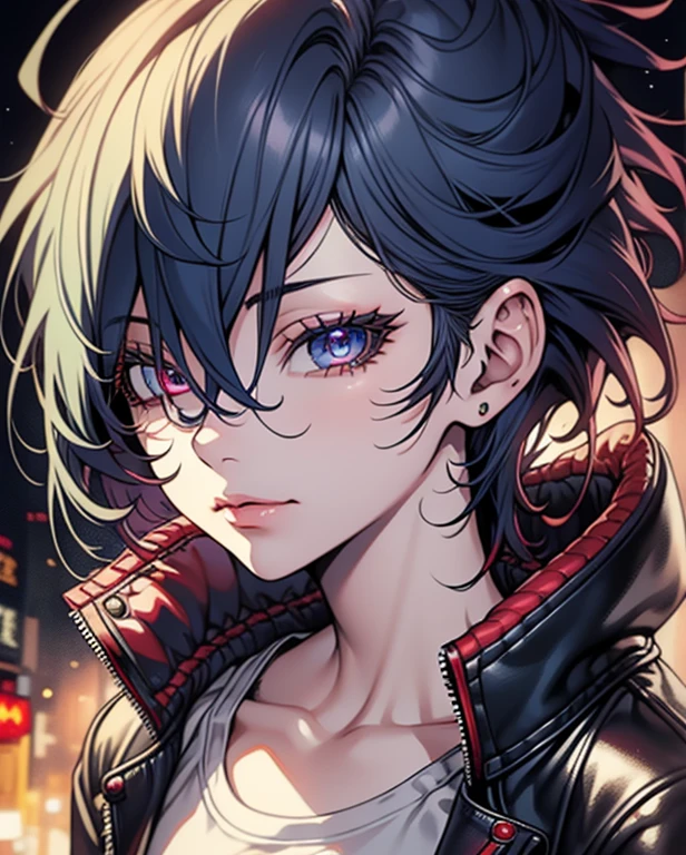 first work,Detailed,High resolutions:1.4) , Model photo, to close, Detailed face, Fine, detailed eyes,, (Kirishima Touka),medium blue hair,ojo ghoul,retro jacket,Tokyo Ghoul,retrofuturistic background, vibrant colors, HdR,, ,