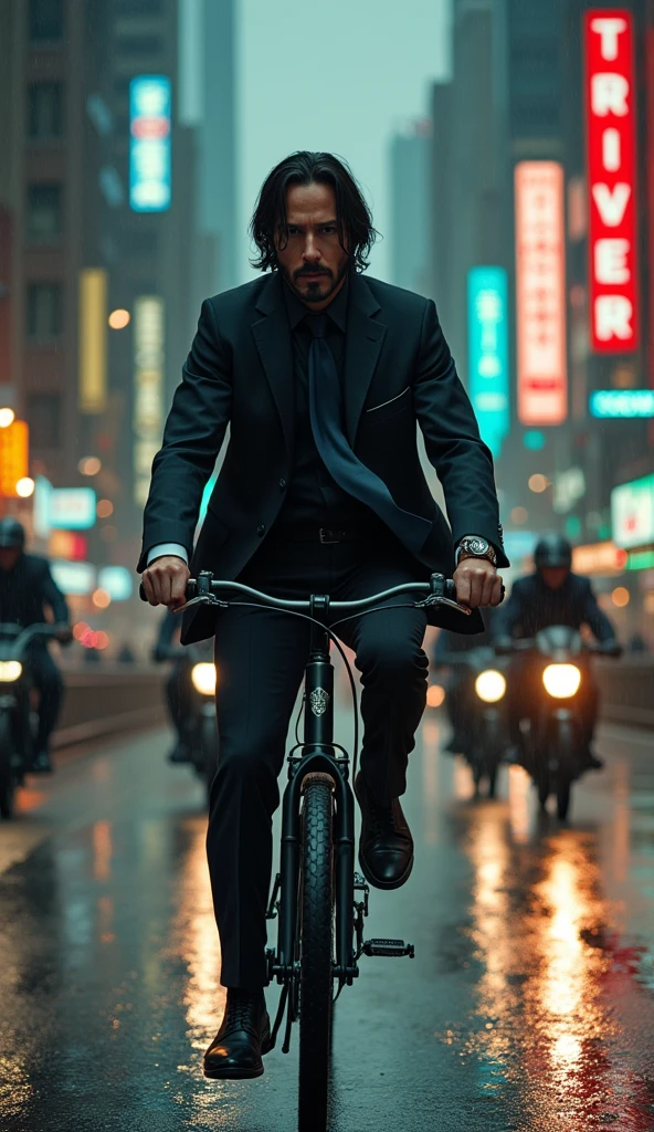 realistic, movie photography, john wick riding a bicycle, escape and chase, the bad guys chasing him also ride bicycles, an abstract scene from an action film where motorbikes have been replaced by bicycles