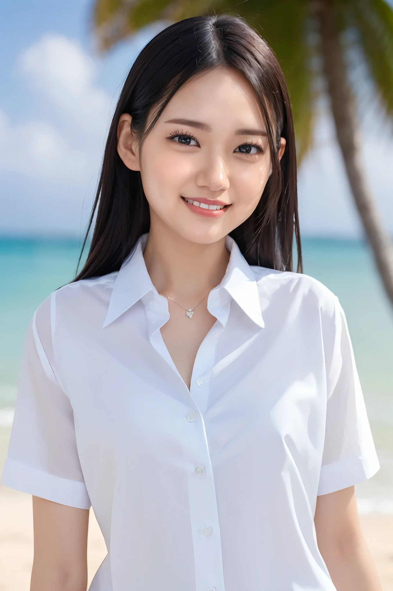 (Highest quality、Tabletop、8k、Best image quality、Award-winning works)、Beautiful school girl、(white polyester collared open shirt:1.4)、(Completely open shirt exposing chest:1.4)、(Small cleavage:1.3)、beautiful woman portrait photo、Glowing Skin、Standing Elegantly、(Wide々beautiful beach background:1.2)、(The most clear, shining, beautiful sea:1.1)、Beautiful blue sky、Beautiful cumulonimbus clouds、、(Face close-up:1.3)、(Closed lips:1.2)、(Smiling with closed mouth:1.2)