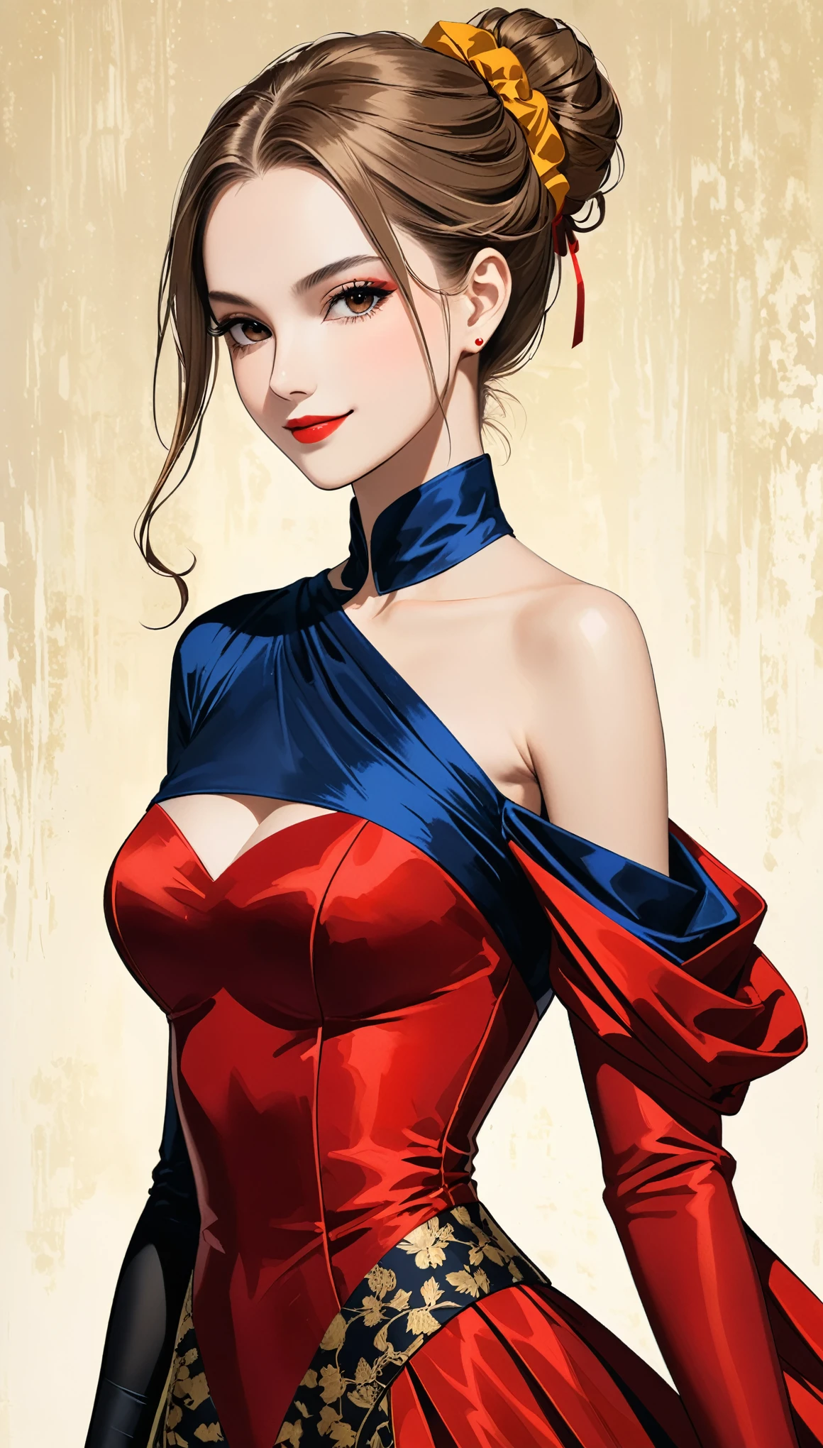 in style of Santiago Caruso,in style of Hans Hartung,in style of Camille Corot-【Thick brushstrokes】-,in style of Carolina Herrera-【Gorgeous clothing designer】-
(1girl character conceptual design,half body),gravure_pose,smile,(single sleeve:1.3),printed trim,more lively color matching,[bobcut | single bun | incredibly long hair | long curly hair],[goth punk | fishnets | cross tie | transparent | body suit | high split cheongsam style dress]