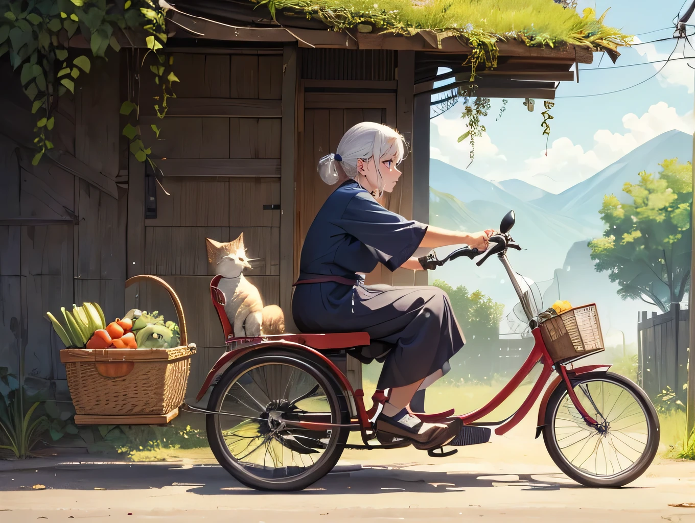 (side view), (Relaxed(Old woman riding a tricycle)), In the basket behind are freshly harvested(Summer vegetables)Full of, This is a narrow dirt road, unpaved., (A kitten is following from behind), The sun is getting stronger, Let's go home slowly, ah, What a peaceful and gentle world