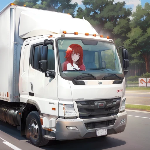 There is a white truck with red hair on the road.。, Painted in an anime artist&#39;s studio, Created by Anime Painter Studio, Smooth anime CG art, Anime Art Vehicle Concept Art, Pixiv 3DCG, Anime stills, Semi-realistic rendering, Realistic Anime 3D Style, realistic anime style at pixiv, Anime Scene, Also, official studio Anime stills