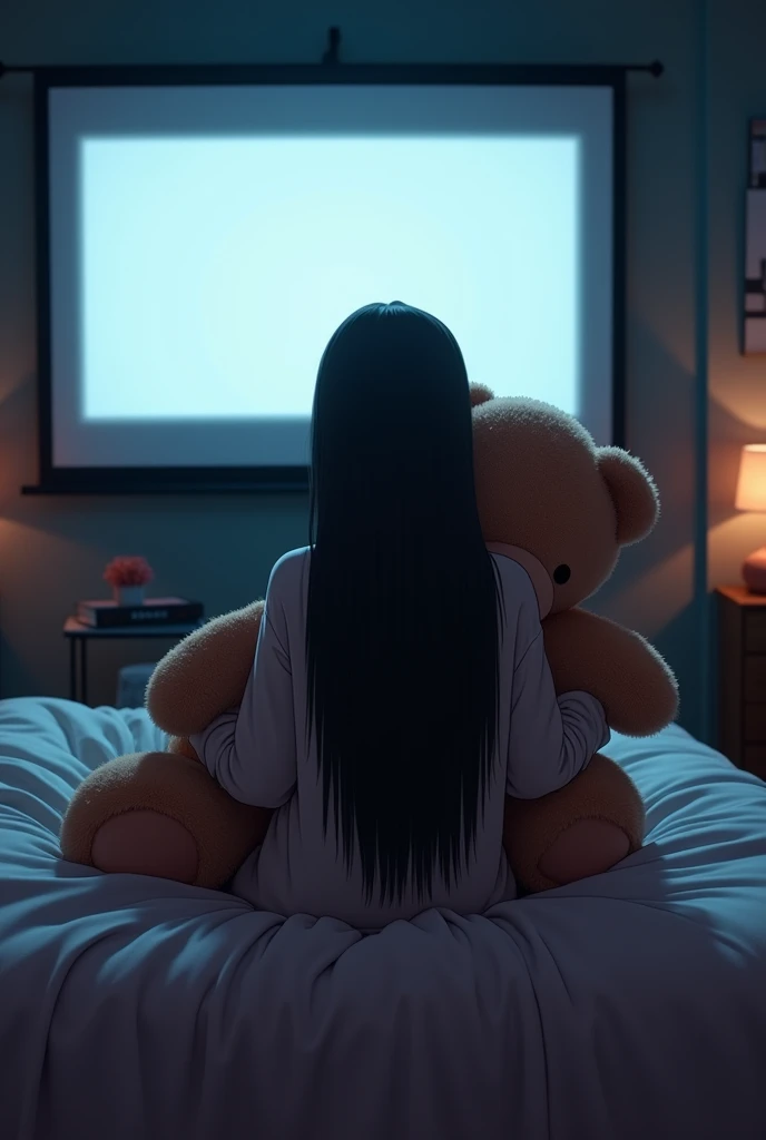 (photorealism:1.2), brown
indian woman, sitting on bed, wearing loss panda custum and tightly hugging a big teddy bear, long black straight hair, indoors, soft lighting, big movie theatre screen in background, room, relaxed pose, realistic anime , intricate details, dark colors.