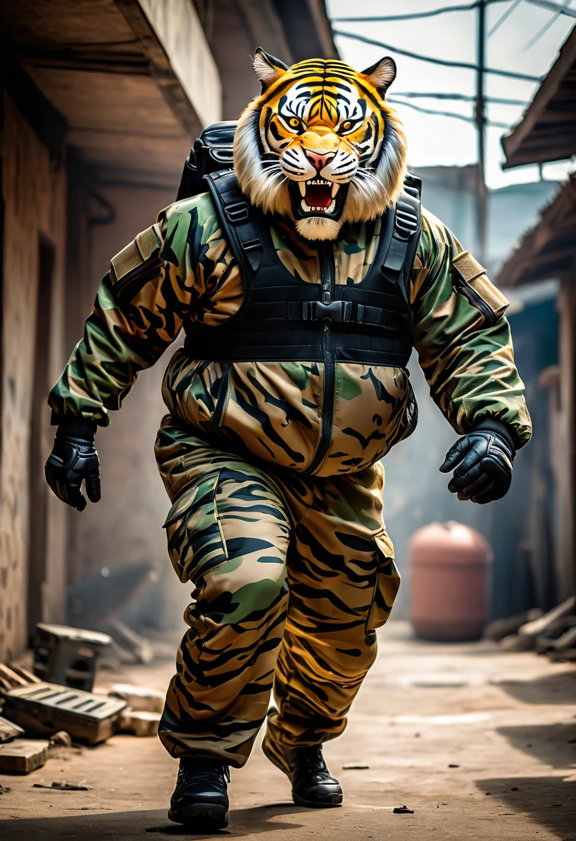 (a dark-skinned fat muscular old man in a bulky army camouflage zipper diver suit) carrying an AK-47, (wearing realistic roaring tiger mask), dynamic action pose, fierce expression, showcasing an imposing stature, surrounded by military elements, dramatic shadows and intense highlights, cinematic color tones, high detail, powerful, art influenced by Bruce Onobrakpeya and Stanley Artgerm, ultra-detailed, best quality image, action-packed atmosphere. fighting stance
