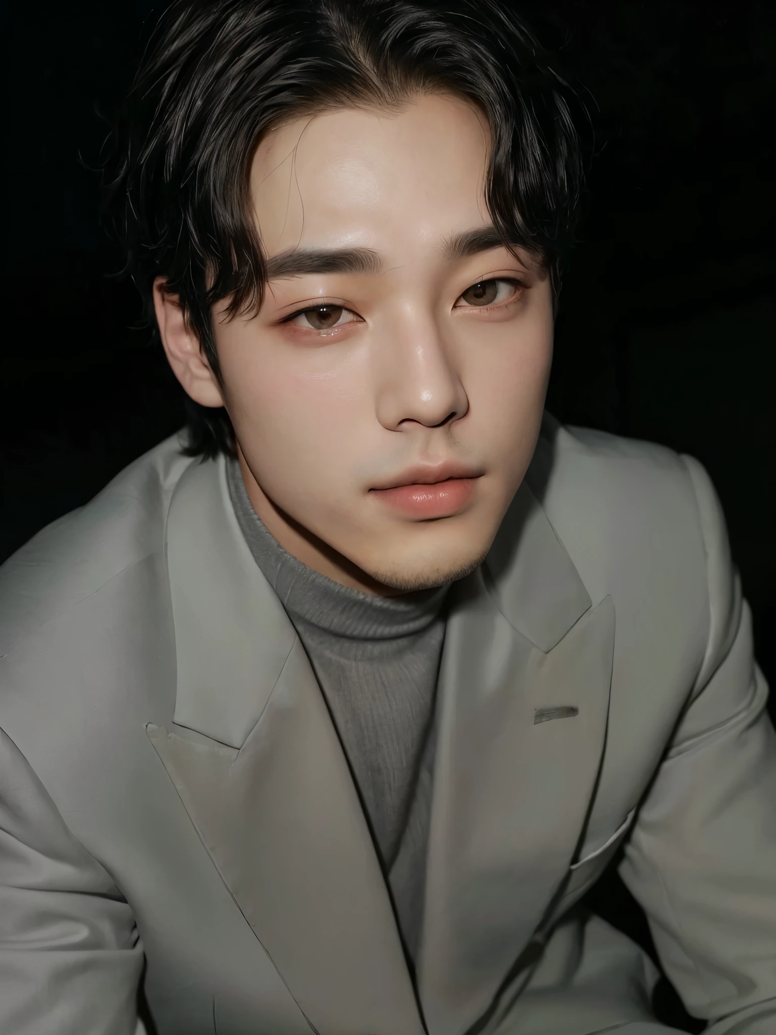 a close up of a man in a suit sitting down, jimin\'s right eyelid swollen, jimin, park jimin, taejune kim, jimin\'s plump lips, hyung tae, jimin\'s grecian nose, kim doyoung, accurate jimin face, korean artist, shin jeongho, hong june hyung, hyung tae kim