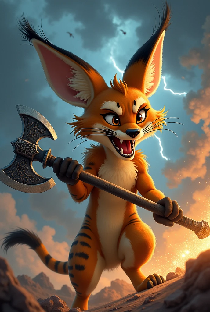 tough Pixar style male serval with anger, sharp teeth, holding an intricate medieval axe, faceing the viewer, high sparks and raging winds