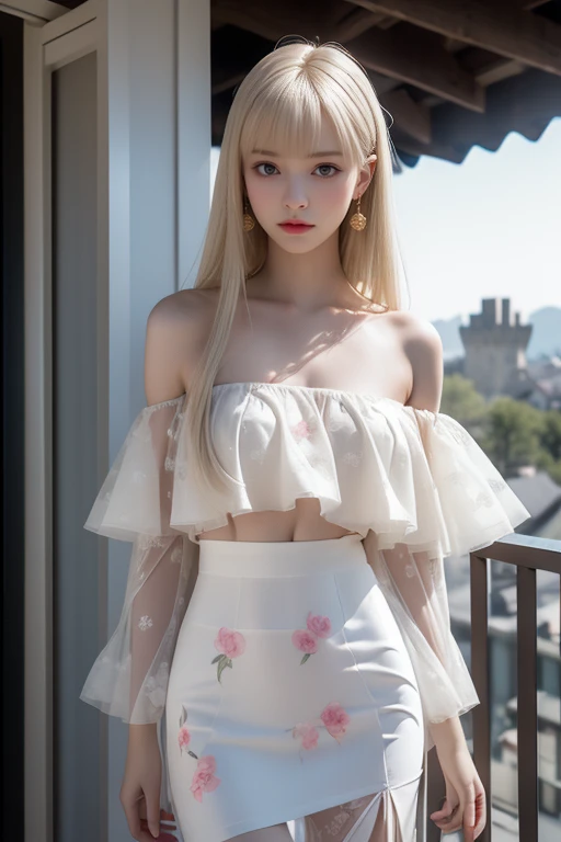 ((Woman Standing On Balcony Of Old Castle))、((Rear view)),((look back))、Highest quality works、Actual work、Ultra Premium Graphics、8K HD CG Works、High Quality Graphics、High-definition CG works、10x pixels、Ultra-fine detail:1. 1、High technical level:1.1 PhotoReal、Natural light:1. 5、Light Effects(Virtual Light Effects:1.8)、((Straight Van、Princess Van))、((Very Heavy、Volume Bang:1.1)、((Very Long、Very Heavy、Very Volume Side Lock:1. 1)、Hime cut、Straight bangs、Bangs straight、(masterpiece、Highest quality:1.5)、(Ultra Fine 32K CG:1.4)、(Hyperreal:1.25)、(Real:1.1. 4)、((Golden white hair)),Thin eyebrows、High nose、Nice red lips、Rosy Cheeks、Delicate makeup face、Cute face、Perfectly balanced face、(Flat Chest),A light-toned foundation enhances the clarity of your skin.。 ((Off-the-shoulder translucent white floral pattern dress)),((My skirt is flying up in the wind))、 ((I can see her white panties)), 32K,photograph,Highest quality,(1. Beautiful eyes、Light Hair、White skin、Mr. Miss.々Pose、((Medium chest、:1.1))、Highest quality、Tabletop、Ultra-high resolution、(Real:1.4)、RAWphotograph、(Perfect Figure)、(slim、:1.3)。 3)、Slim abdomen,