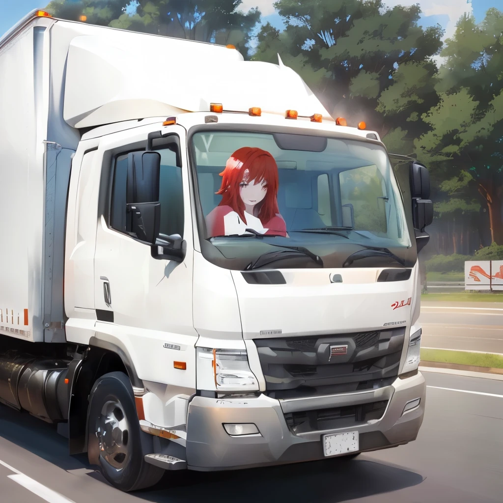 There is a white truck with red hair on the road.。, Painted in an anime artist&#39;s studio, Created by Anime Painter Studio, Smooth anime CG art, Anime Art Vehicle Concept Art, Pixiv 3DCG, Anime stills, Semi-realistic rendering, Realistic Anime 3D Style, realistic anime style at pixiv, Anime Scene, Also, official studio Anime stills