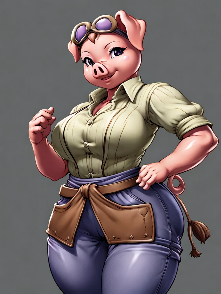 ((pig)), furry female anthro,pig girl,HD,sharp,beautiful and detailed,woman ((anthro)),1girl,Milf, mature woman,pink skin,(look at viewer) ,by dr comet,by pochincoff, by jlullaby,by kingbang,by obui,by ZeroQrisu,by sparrow,by gmeen,farmer, farmer outfit,standing,((simple background)),(gray background,)