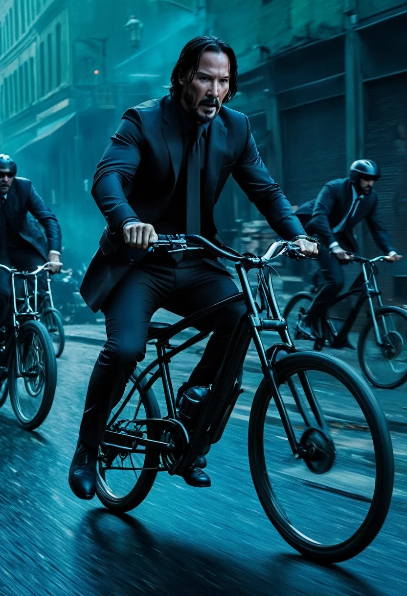 realistic, movie photography, (ohwx man), Keanu Reeves as john wick riding a bicycle, escape and chase, the bad guys chasing him also ride bicycles, an abstract scene from an action film where motorbikes have been replaced by bicycles, all ride bicykles and fight with John Wick during ride