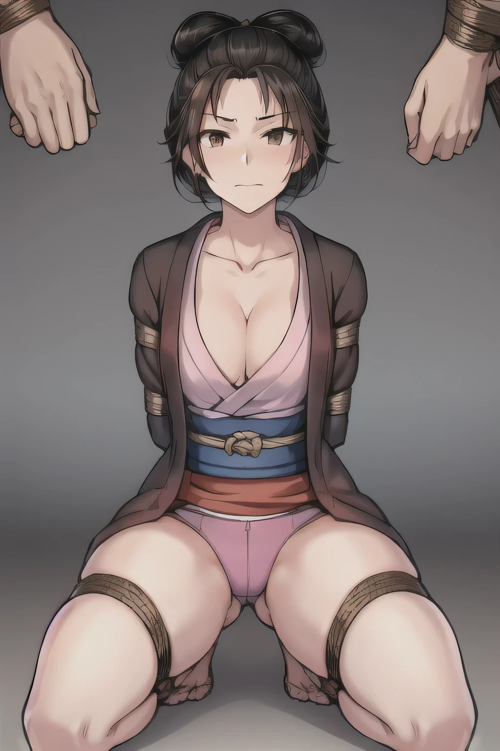 1girl, white background, black hair, closed mouth, japanese clothes, kimono, hair bun, looking at viewer, black eyes, single hair bun, brown eyes, short hair,emma \(sekiro\),(shiny skin),(mature female:1.2),tassel earrings, cleavage, full length, ((kneeling, arms behind back, bound arm, bound wrists, bound legs, wrists behind waist, rope bondage, shibari over clothes)), (skinny girl:1.3), small breasts, crotch rope,