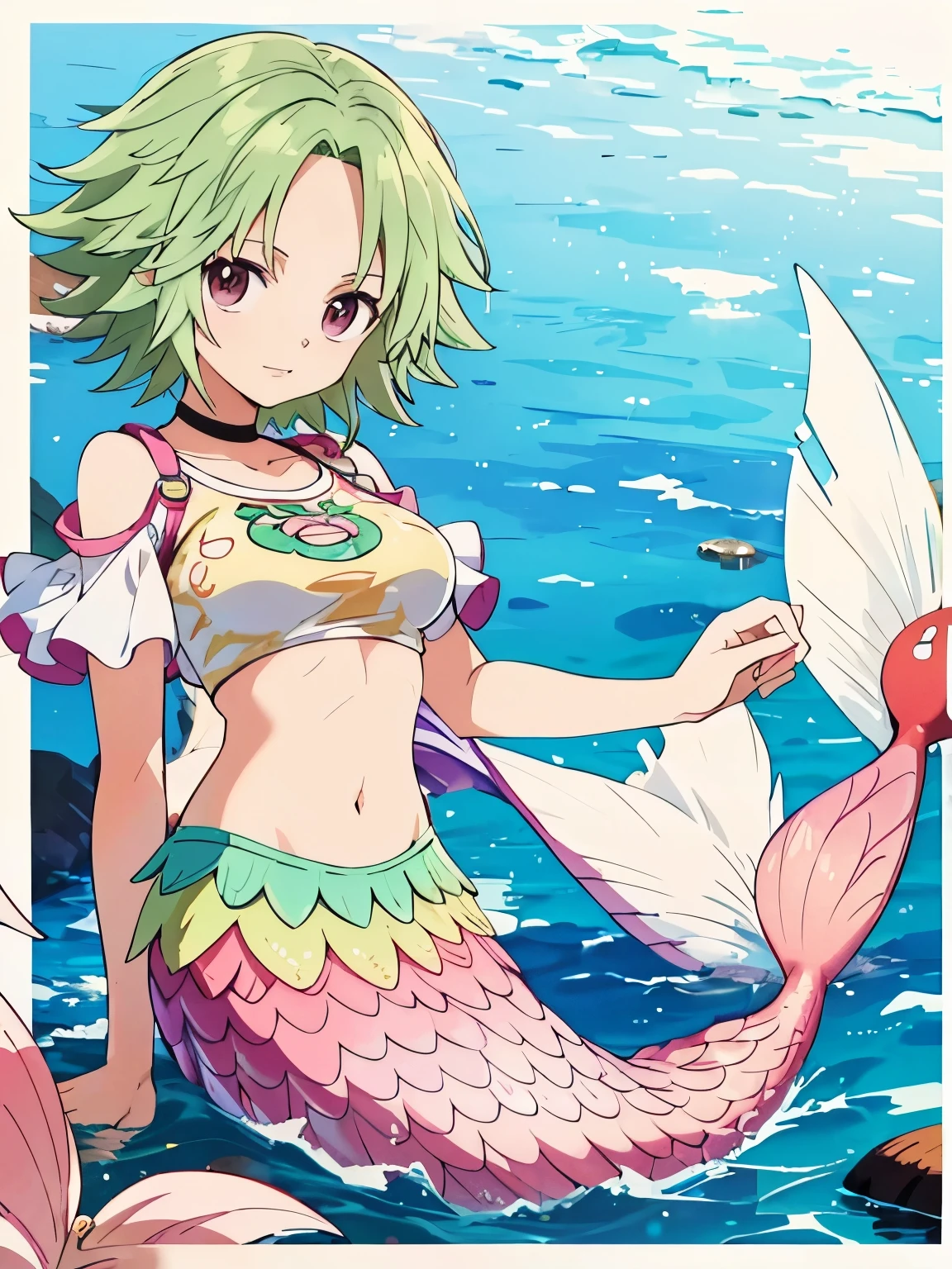 mermaid,camie,short hair,green hair,crop top, raglan sleeves, short sleeves, midriff, navel,