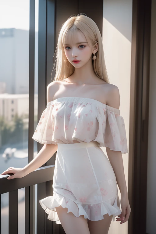 ((Woman Standing On Balcony Of Old Castle))、((Rear view)),((look back))、Highest quality works、Actual work、Ultra Premium Graphics、8K HD CG Works、High Quality Graphics、High-definition CG works、10x pixels、Ultra-fine detail:1. 1、High technical level:1.1 PhotoReal、Natural light:1. 5、Light Effects(Virtual Light Effects:1.8)、((Straight Van、Princess Van))、((Very Heavy、Volume Bang:1.1)、((Very Long、Very Heavy、Very Volume Side Lock:1. 1)、Hime cut、Straight bangs、Bangs straight、(masterpiece、Highest quality:1.5)、(Ultra Fine 32K CG:1.4)、(Hyperreal:1.25)、(Real:1.1. 4)、((Golden white hair)),Thin eyebrows、High nose、Nice red lips、Rosy Cheeks、Delicate makeup face、Cute face、Perfectly balanced face、(Flat Chest),A light-toned foundation enhances the clarity of your skin.。 ((Off-the-shoulder translucent white floral pattern dress)),((My skirt is flying up in the wind))、 ((I can see her white panties)), 32K,photograph,Highest quality,(1. Beautiful eyes、Light Hair、White skin、Mr. Miss.々Pose、((Medium chest、:1.1))、Highest quality、Tabletop、Ultra-high resolution、(Real:1.4)、RAWphotograph、(Perfect Figure)、(slim、:1.3)。 3)、Slim abdomen,