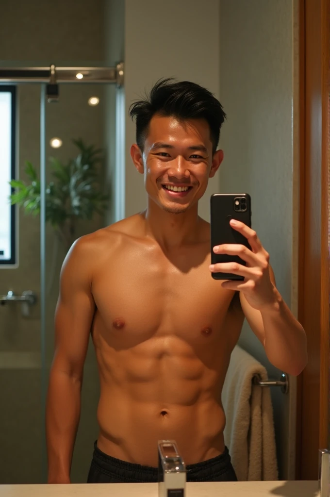 Half-body photo of a Thai man with a good figure, but does not need to have muscles, does not need to have six-packs, good looking, not wearing a shirt, sweating all over the body, good figure, height about 175, weight about 75, good figure, holding a phone taking a selfie of himself in front of the bathroom mirror.