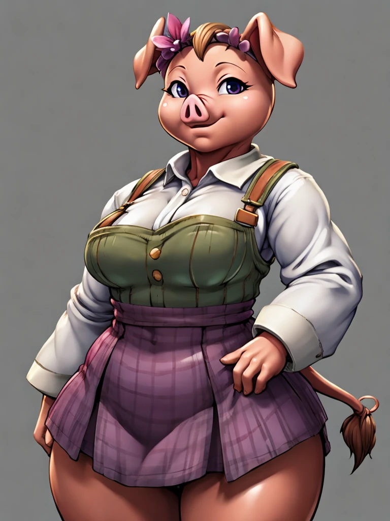 ((pig)), furry female anthro,pig girl,HD,sharp,beautiful and detailed,woman ((anthro)),1girl,Milf, mature woman,pink skin,(look at viewer) ,by dr comet,by pochincoff, by jlullaby,by kingbang,by obui,by ZeroQrisu,by sparrow,by gmeen,farmer, farmer outfit,standing,((simple background)),(gray background,)