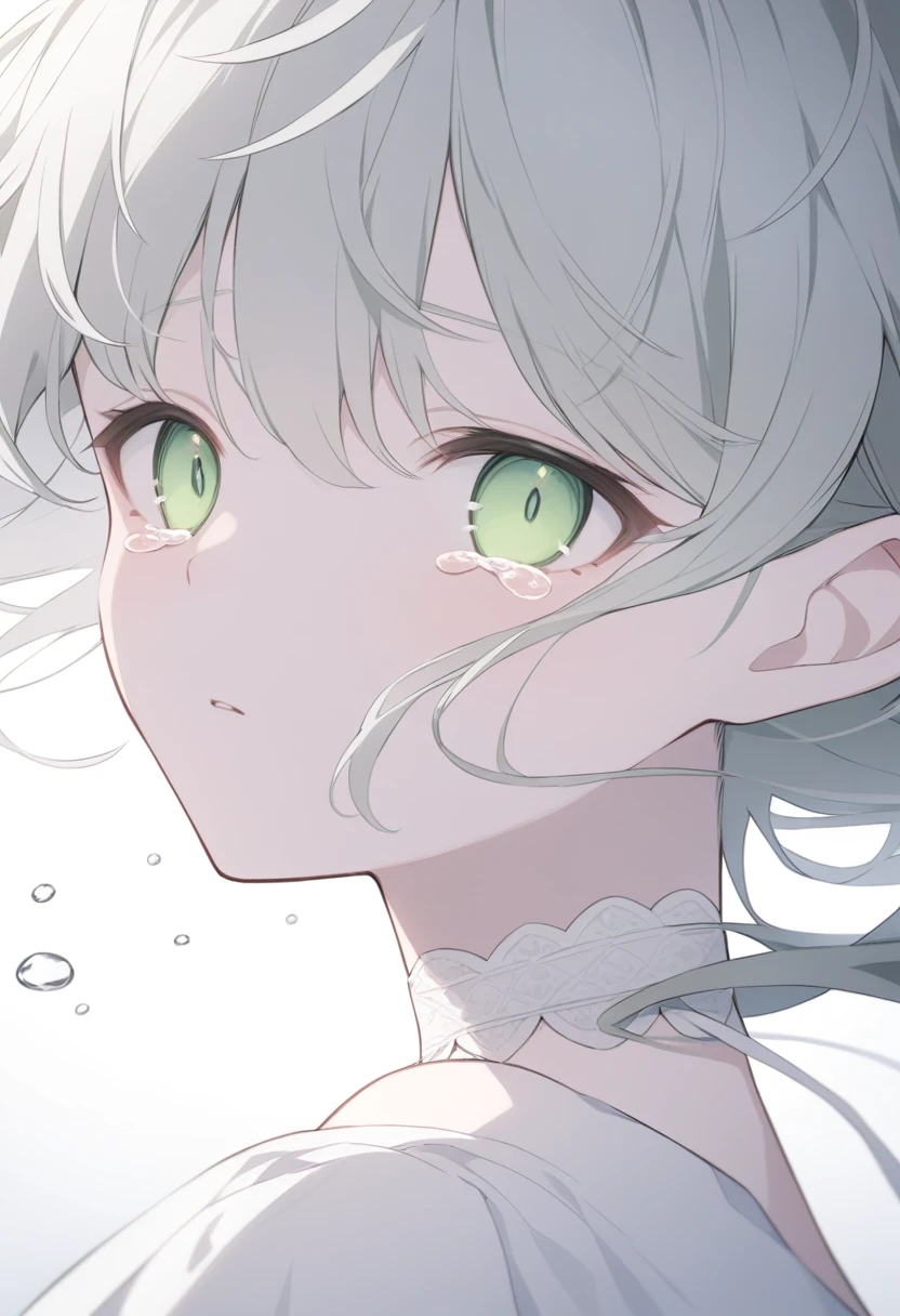 Thin gray hair　slightly pale, darker green eyes　Widely opened eyes　White choker　Expressionless　 Tears running down my cheeks　looking at the camera　White clothing with thin white lace　A little bit of free time　Flowing Tears