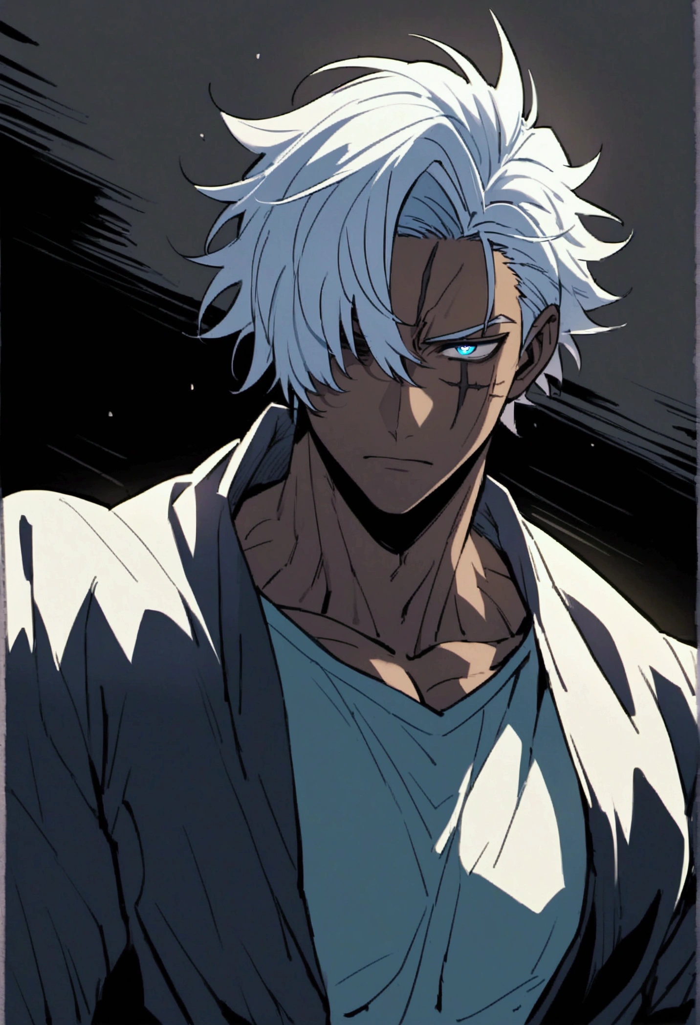 Handsome anime boy, short white hair with a dark blue streak in the middle, pastel blue eyes that are squinted and serious, a black scar over his right eye, dark skin and a cold expression on the face and a muscular body and q