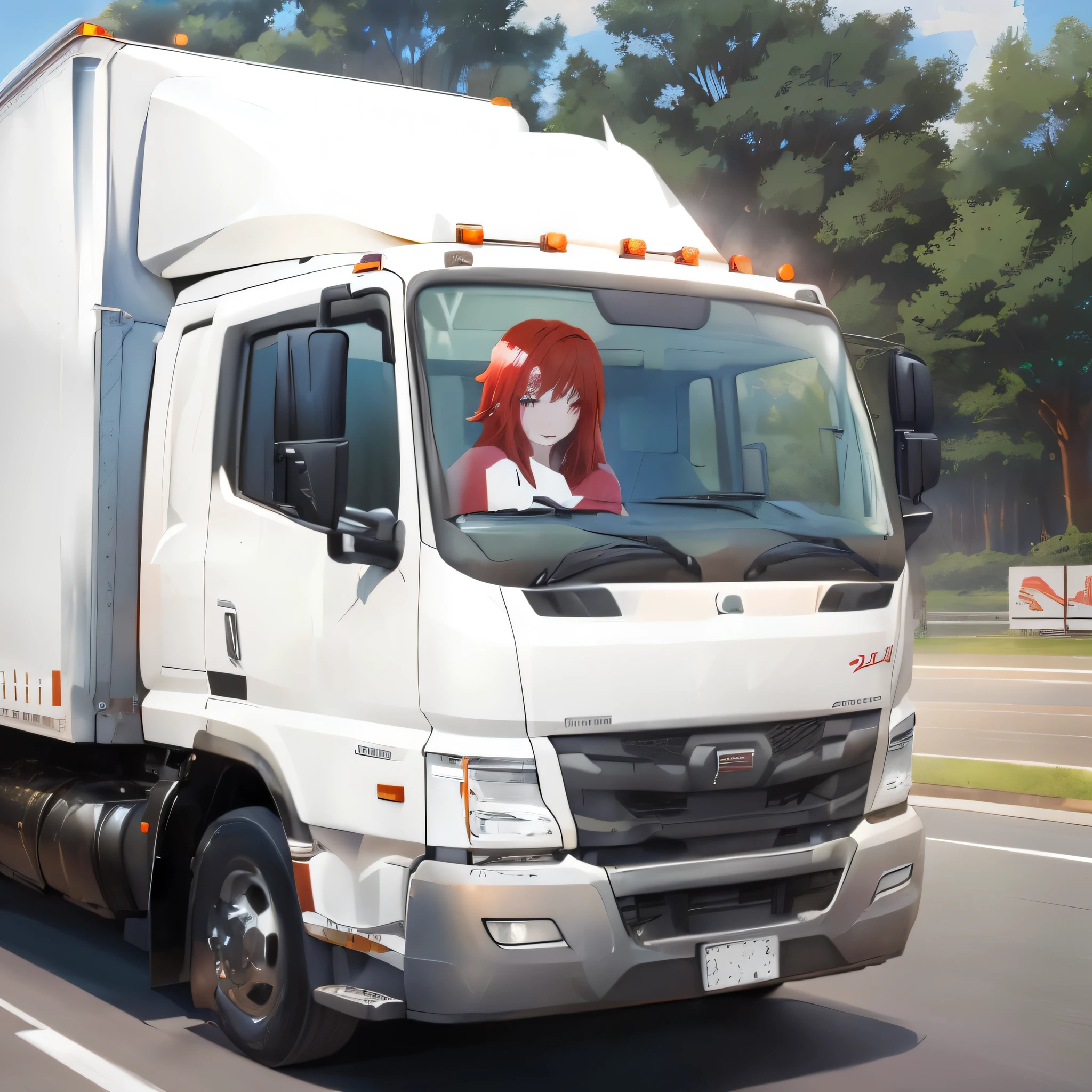 There is a white truck with red hair on the road.。, Painted in an anime artist's studio, Created by Anime Painter Studio, Smooth anime CG art, Anime Art Vehicle Concept Art, Pixiv 3DCG, Anime stills, Semi-realistic rendering, Realistic Anime 3D Style, realistic anime style at pixiv, Anime Scene, Also, official studio Anime stills