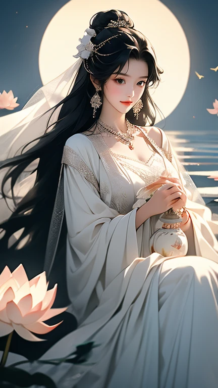 woman,Wave,,water,Black Hair,flower,alone,Compassionate Mother Kannon、bird,moon,jewelry,Holding,Long sleeve,Veil,necklace,whole body,Lotus,Long Hair,dress, masterpiece,Highest quality,Very detailed,
 