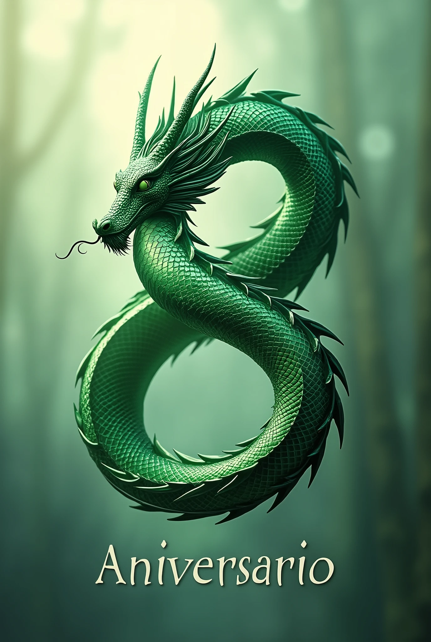 A dragon made of esmerald green fantasy in the form of the number eight. Minimalism with detail and gloss. and write Aniversario