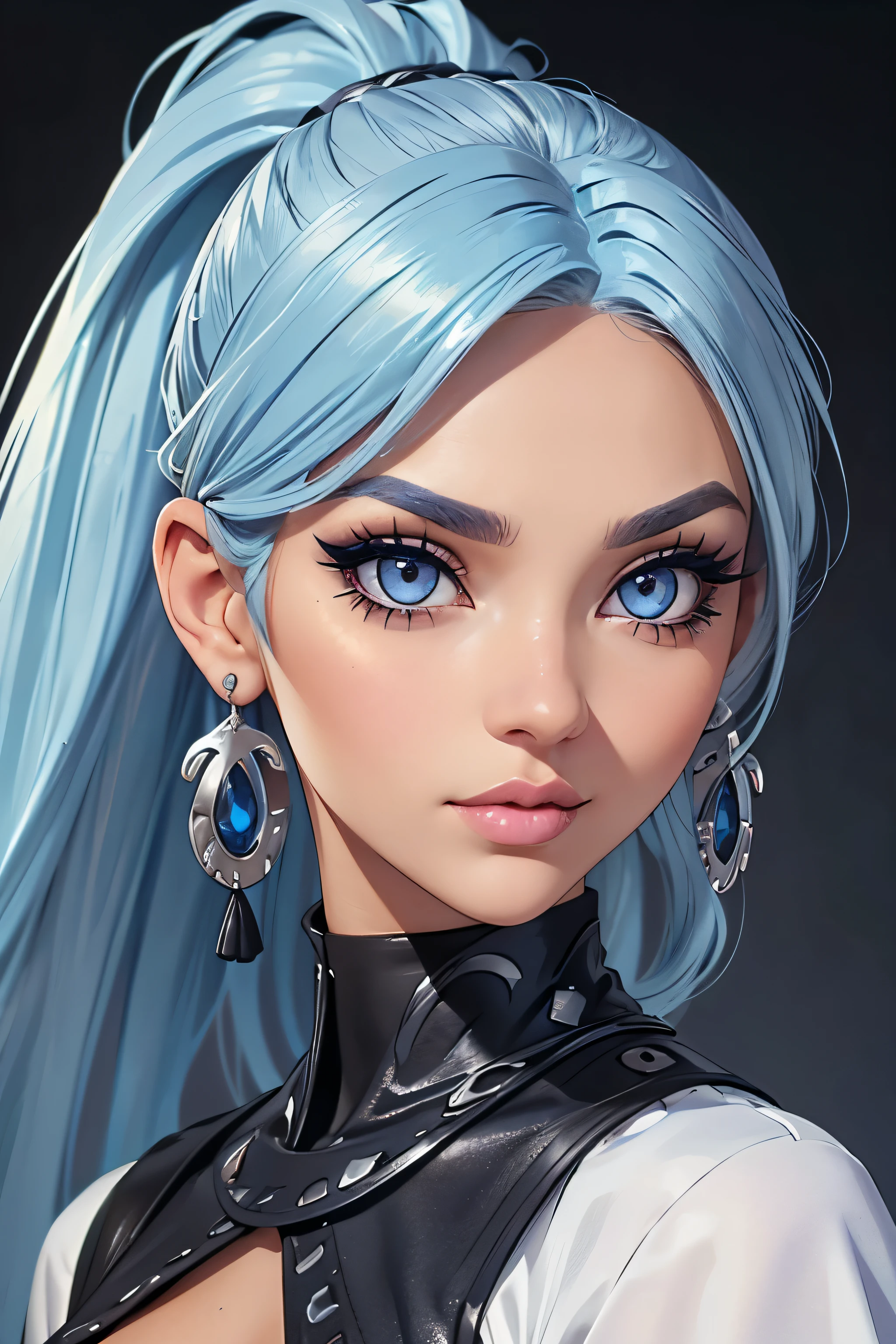 (best quality, masterpiece), 1girl, beautiful girl, Silver_eyes, ((hair color [blue hair], [long Ponytail] hair)), earrings, lips, short sleeves,realistic, narrow waist, charming, colorful makeup, Smoky eye shadow, Dark Eyeliner. long eyelashes, tanned skin, (cute), (detailed face), detailed eyes, detailed iris,
