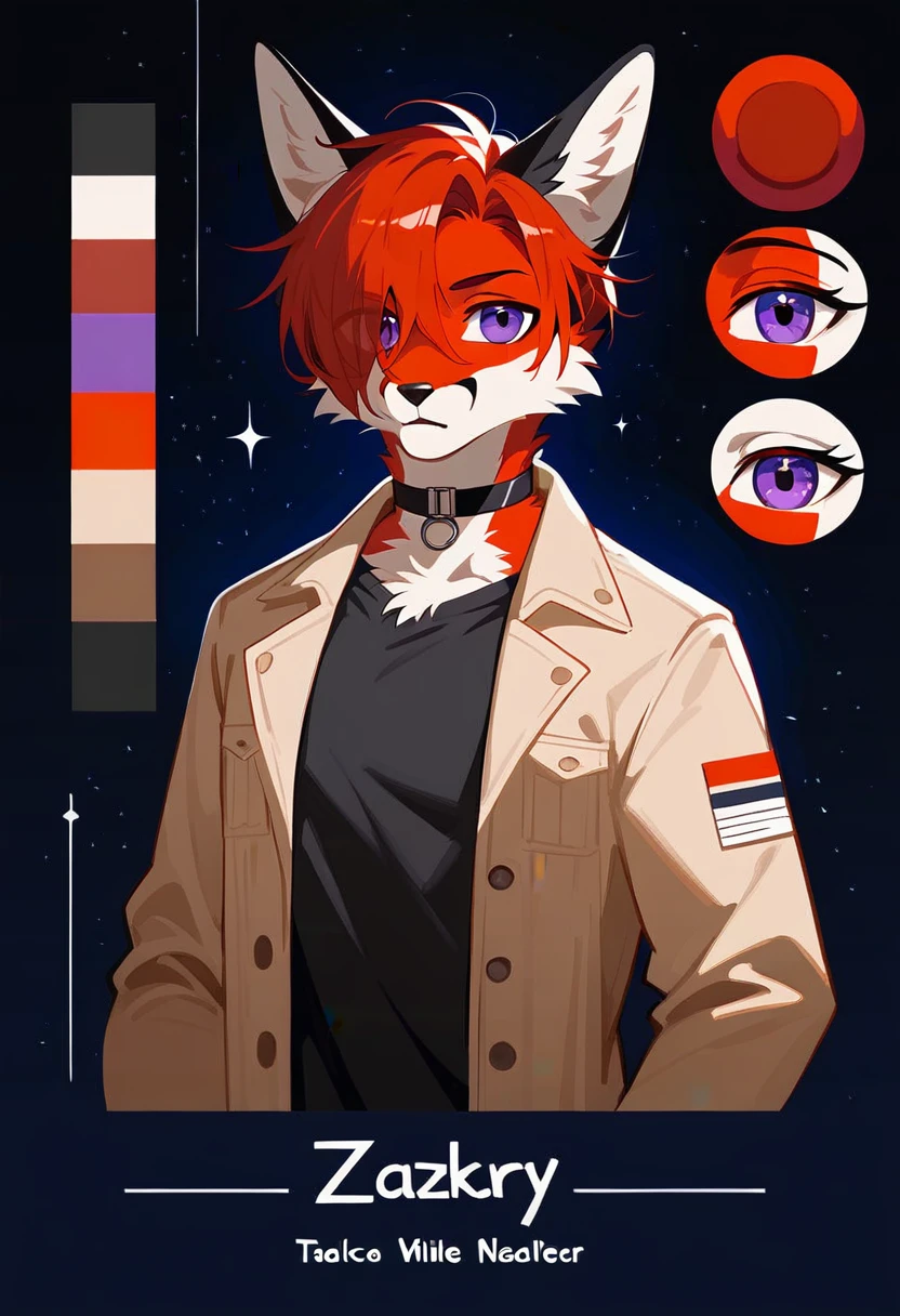 (Artist by zackary911, 8k, high quality, detailed eyes and fur, night, residents background), solo, male fox, anthro, red satured fur, red body, male body, purple eyes, black ears, red hair, short hair, hair cover eye, hands white, choker, eyeliner black, beige jacket, black shirt,. (masterpiece, ultra detailed, best quality)(style of RPG)(concept art, character sheet)absurdres, perfect anatomy(furry anthro),