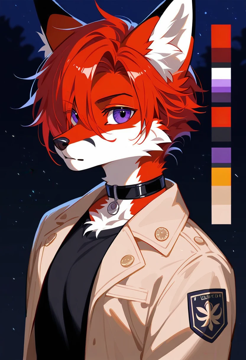(Artist by zackary911, 8k, high quality, detailed eyes and fur, night, residents background), solo, male fox, anthro, red satured fur, red body, male body, purple eyes, black ears, red hair, short hair, hair cover eye, hands white, choker, eyeliner black, beige jacket, black shirt,. (masterpiece, ultra detailed, best quality)(style of RPG)(concept art, character sheet)absurdres, perfect anatomy(furry anthro),