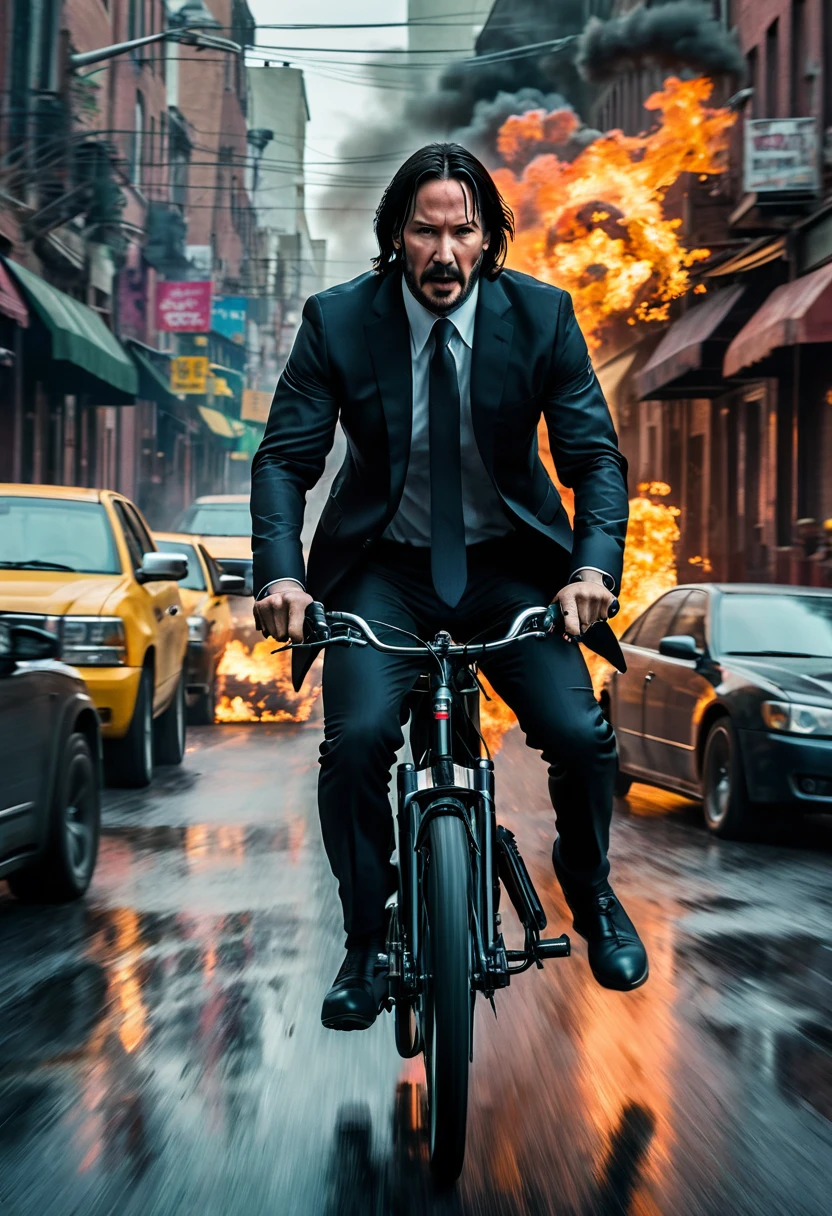 realistic, movie photography, (ohwx man), Keanu Reeves as john wick riding a bicycle, escape and chase, the bad guys chasing him also ride bicycles, an abstract scene from an action film where motorbikes have been replaced by bicycles, all ride bicykles and fight with John Wick during ride