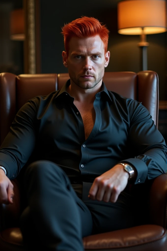 A tall, muscular man with red hair (Very red) short hair, Hairstyle to the right side. Red eyes (deep red) high (hombre guapo y high) , sitting in an armchair, like he's the boss of a company, well dressed, wearing a long-sleeved black shirt (elegant black shirt), with the collar of his shirt slightly open revealing part of his chest, black pants, wearing a watch on his left hand, with a serious and authoritative gaze. 4K quality, out of focus, better resolution, darker lighting in the back, without accessories on the neck. Hand Improvement. UnOrdinary Style - Extraordinary Webtoon