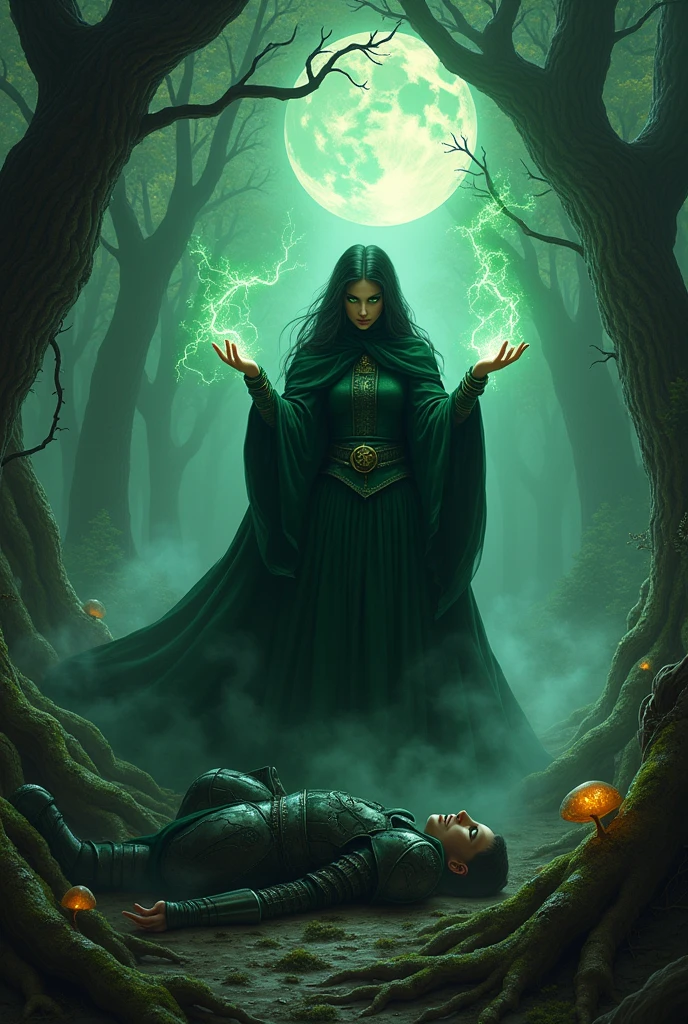 generate image of a powerful witch kill her enemy