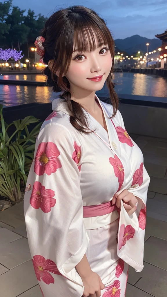 Masterpiece, Highest quality, High resolution, Amazingly cute woman, Floral Yukata,Large Breasts, Natural color lips, The best smile, Fireworks festival background,Looking into the camera, Full Body Shot,Braided topknot,
