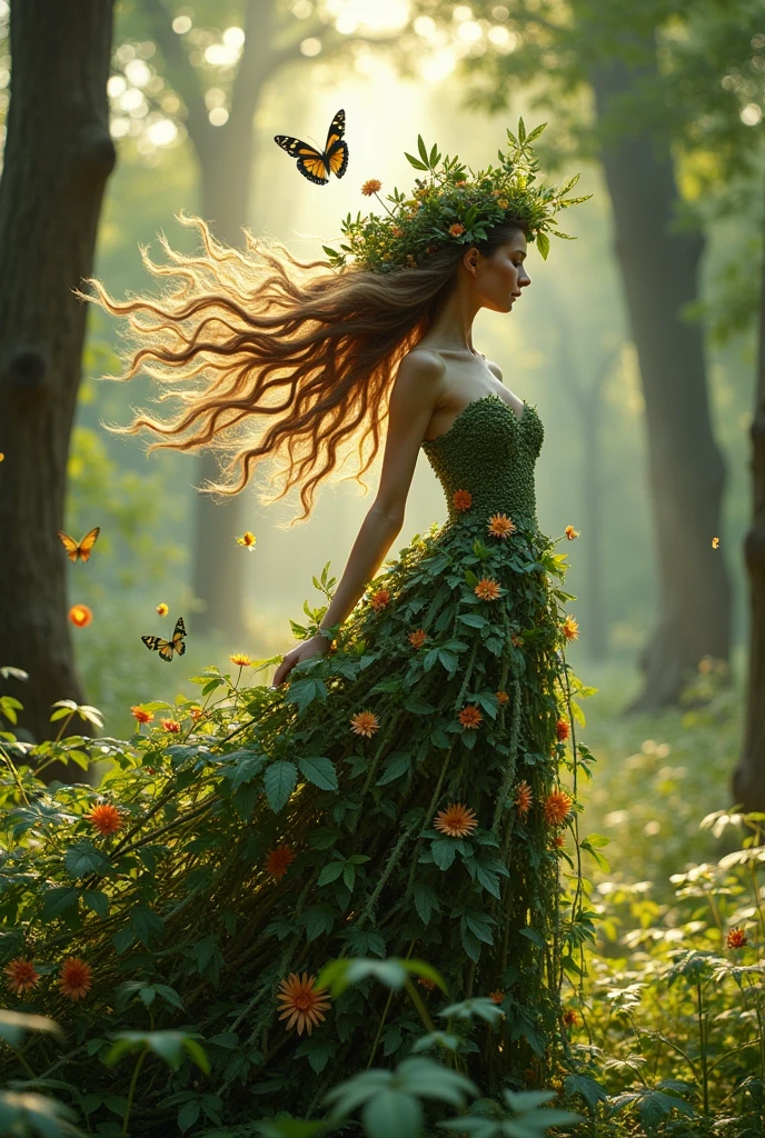 dress made of recycled material with a forest theme