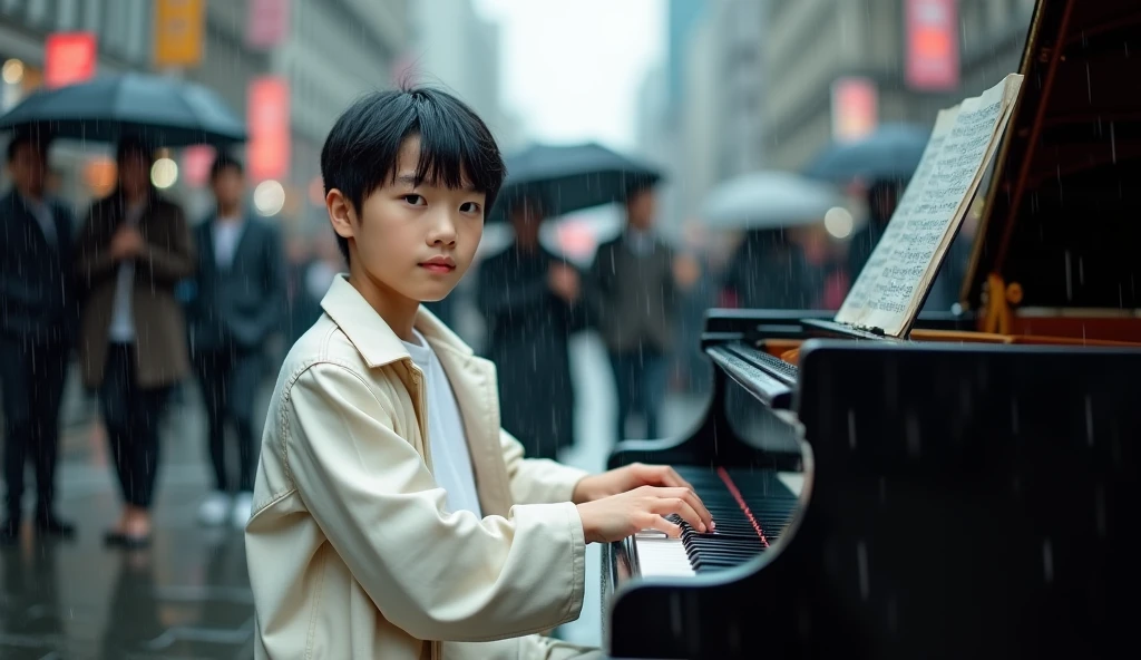 Handsome asian teenage playing piano in front of crowded street after hour work, caught in the rain with water droplets visible on her his and hair. He is looking forward to camera. He has neat black hair, wearing white trench coat dress, white tshirt. Shot on Leica M3 135mm f1.8 len, The layout is centered, with the subject occupying the middle of the frame. The overall mood is somber and reflective, enhanced by the overcast weather and wet environment.