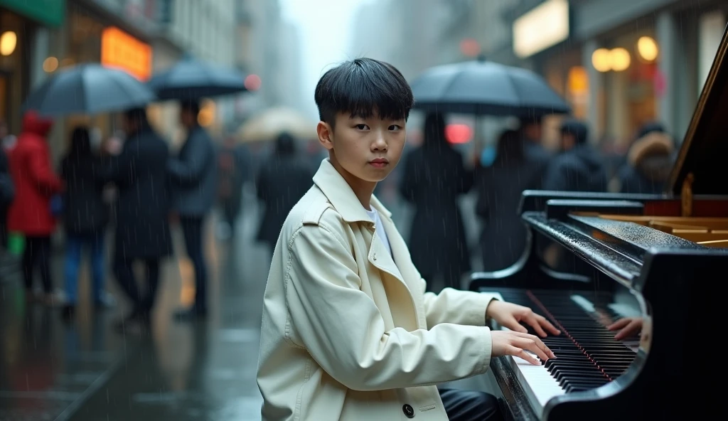 Handsome asian teenage playing piano in front of crowded street after hour work, caught in the rain with water droplets visible on her his and hair. He is looking forward to camera. He has neat black hair, wearing white trench coat dress, white tshirt. Shot on Leica M3 135mm f1.8 len, The layout is centered, with the subject occupying the middle of the frame. The overall mood is somber and reflective, enhanced by the overcast weather and wet environment.