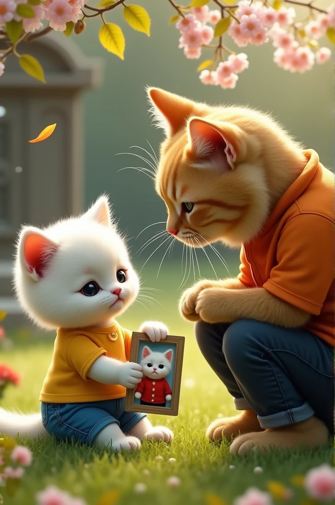 A cute white kitten dressed in yellow shirt and blue half pant cries and tears flow from its eyes while holding a picture of white kitten dressed in red shirt and black half pant and a big yellow cat dressed in orange shirt and black jeans is watching him with depressed look on the grave