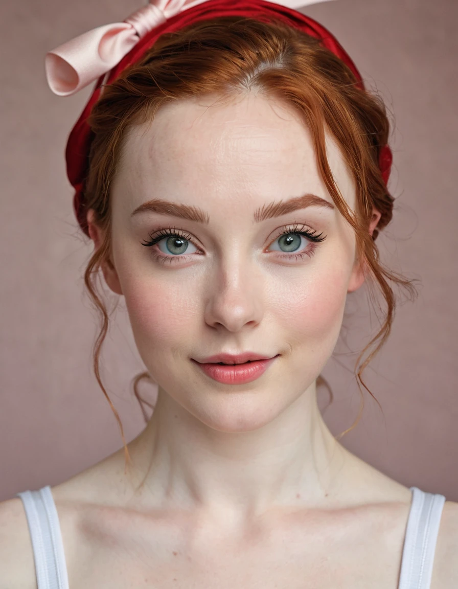 full length portrait photography of a beautiful realistic girl, Doing gymnastics, Porcelain Skin, very fair skin, very pale skin, redheadwear, wavy, hypdertailed, very detailed skin texture, hazel eyes, tilted eyes, small-nose, small nostril, think curved eyebrow, thick lower lip, seducing gaze, happy face, single face, wear casual dress, photo detail, photo realist, masterpiece image, clear image, hinterland, clear daylight 15 years, show more body, milk droped