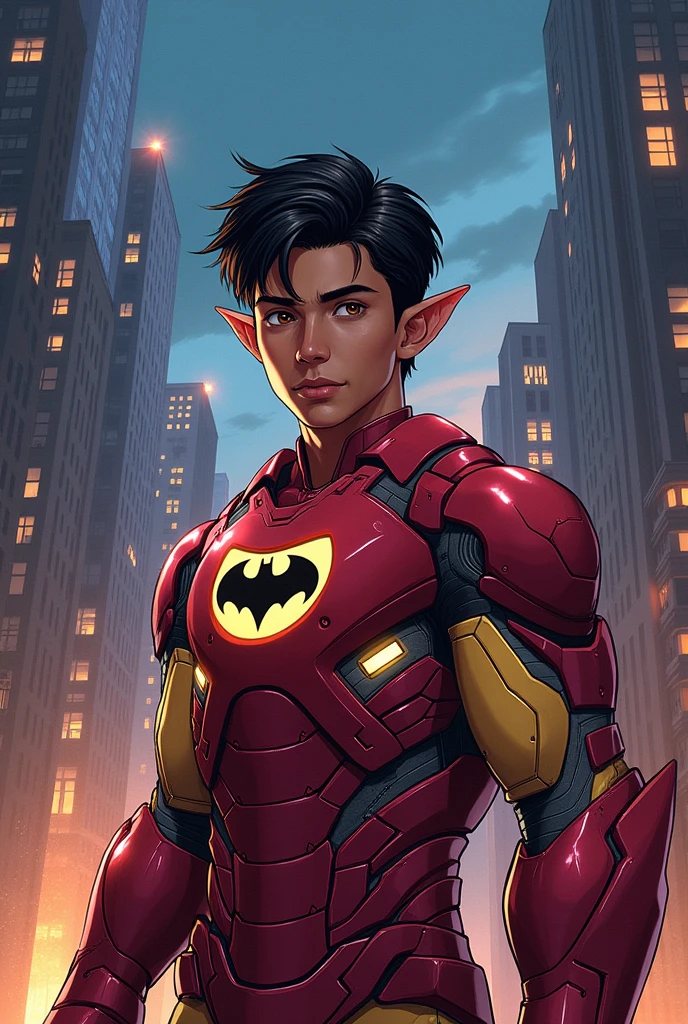 Marvel style 19 year old brown-skinned young man with brown eyes and black hair with elf ears wearing Iron Man armor with the Batman symbol on his chest