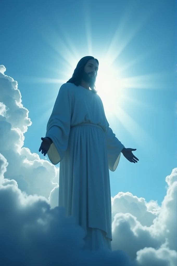 Silhouette of Jesus with his face blurred in the blue sky with white clouds