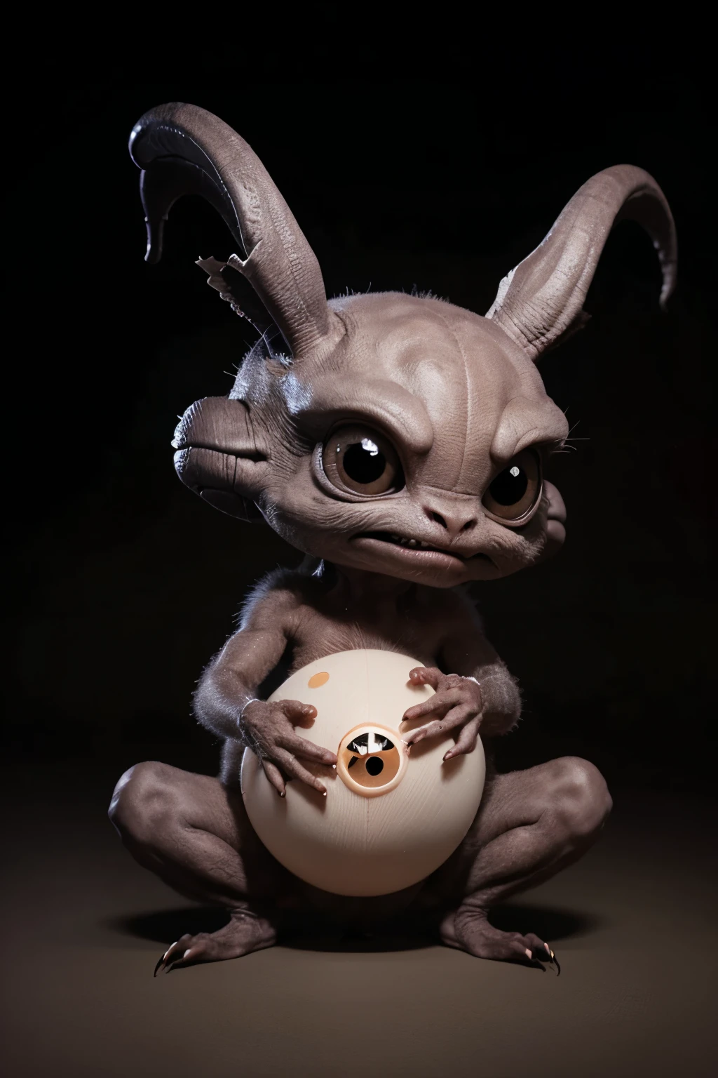 Draw a cute alien creature , that has seen a baby and is carefully examining it.